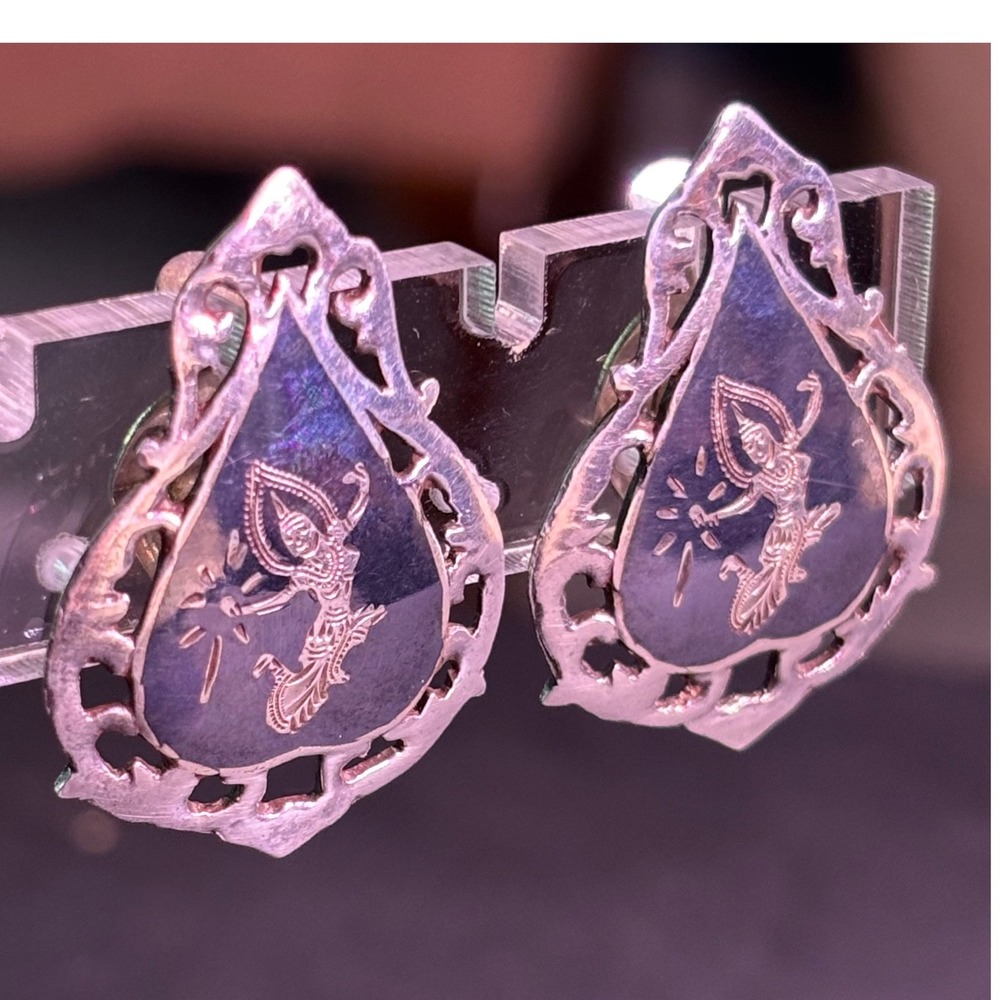 Vintage Siam Sterling Silver Niello Mekkala Goddess Clip On Earrings Thai SS3 - Picture 2 of 7
